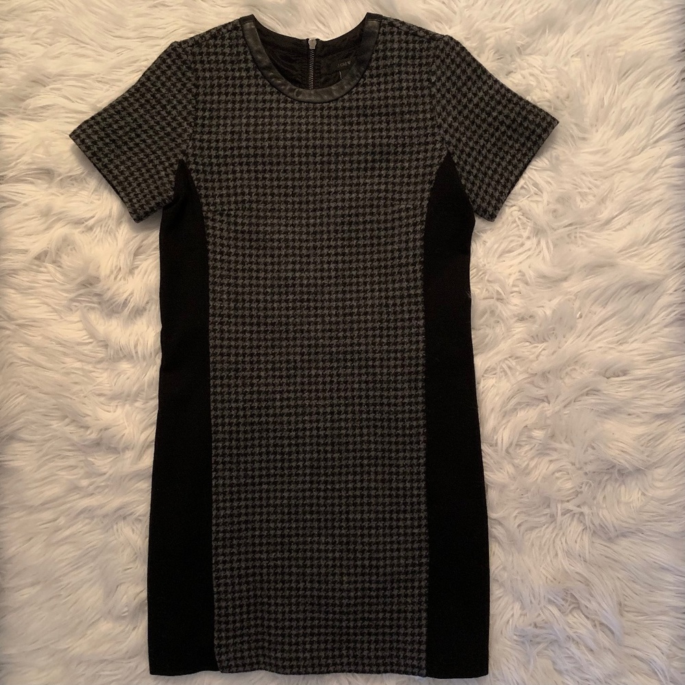 J CREW Wool Short Sleeve Herringbone Dress with Leather Trim Collar
